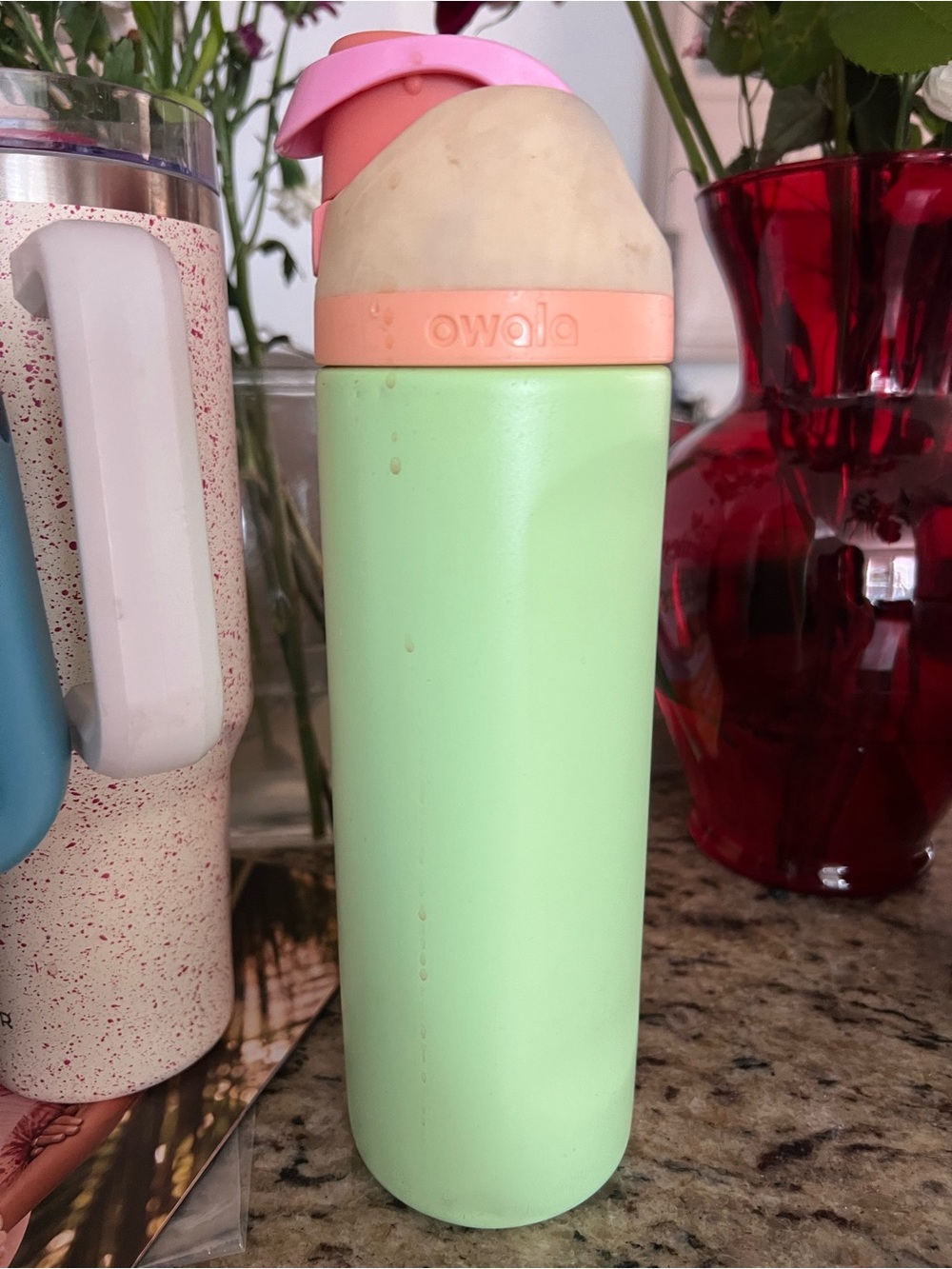 Owala Mint Green Water Bottle with Pink Lid